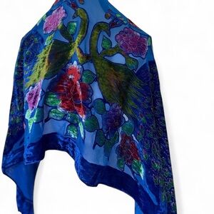 Blue Peacock Velvet Accent Throw with Floral Embroidery